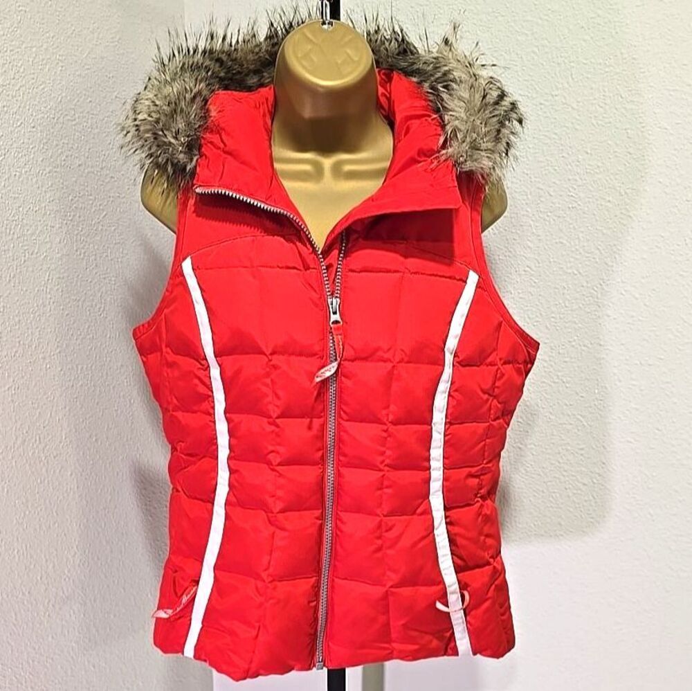 Eddie Bauer Womens XS Goose Down Faux Fur Hooded Puffer Vest Red White Trim Zip